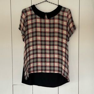Zara Short Sleeve Plaid Top Medium Peter Pan Collar Twee